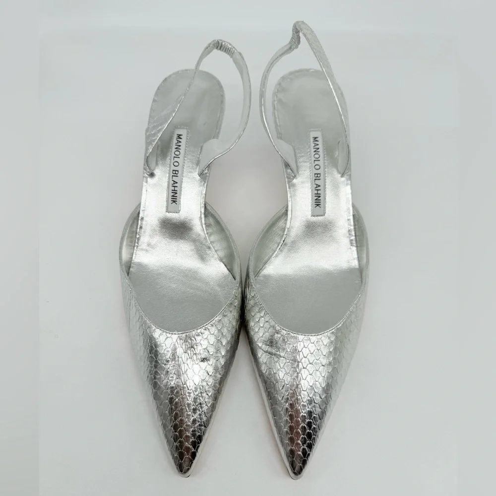 Manolo Blahnik Metallic  silver Snakeskin Carolyne 50mm slingback pumps EU 41
